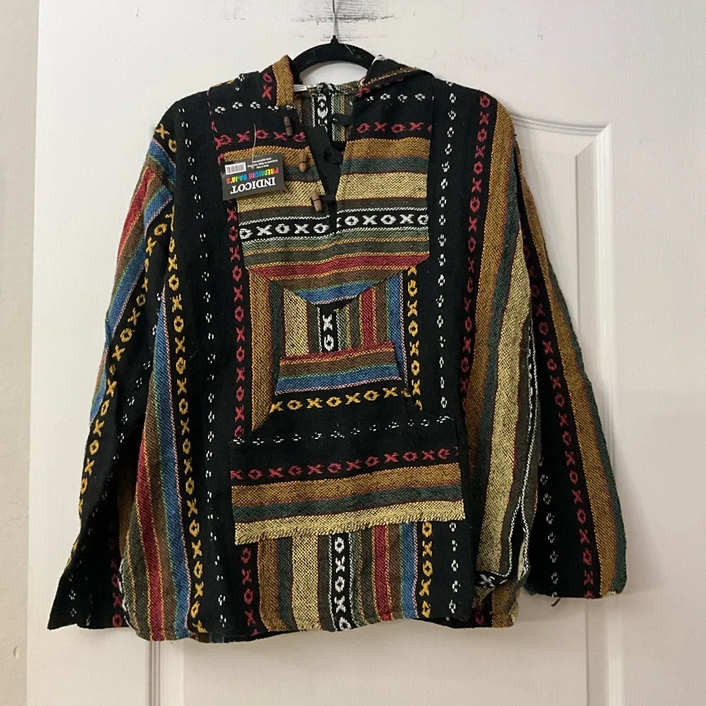 NWT Indicot premium 100% wool Baja Hoodie with Multicolor Stripes Sz L - Picture 2 of 4